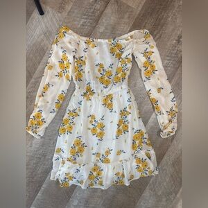 Divided size 0 off shoulder mini dress, lined, white w yellow floral pattern